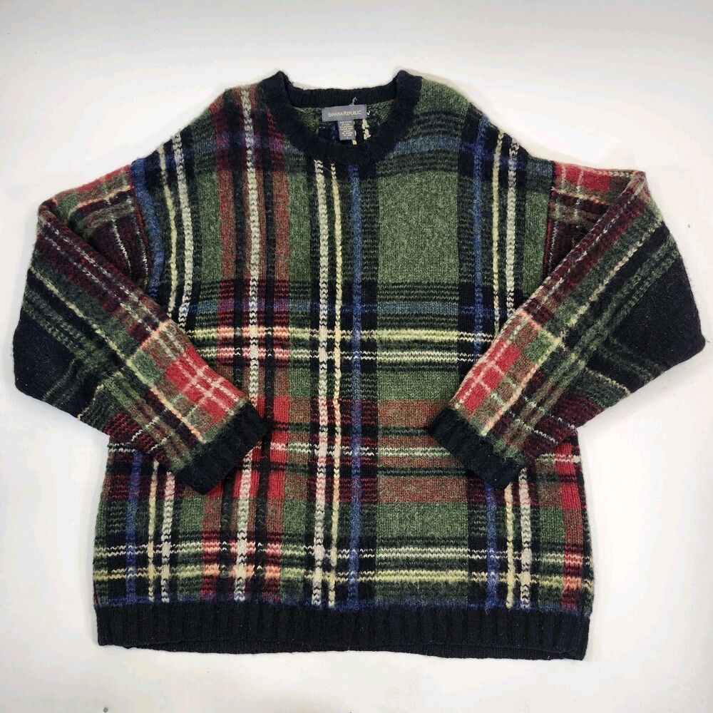 Banana Republic Sweater Mens L Wool Lambswool Plaid Tartan Grandpa Vintage 1990s